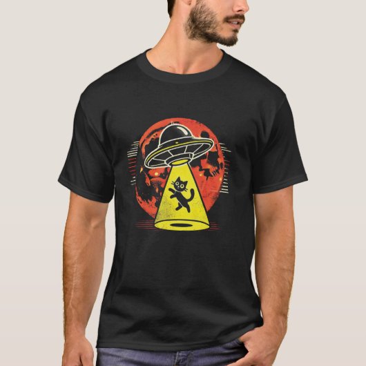 Retro Alien Straal UFO Ruimte Kat Moeder Vader Kos T-shirt (Voorkant)