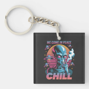 Retro Alien "We Come In Peace CHILL" Design Sleutelhanger