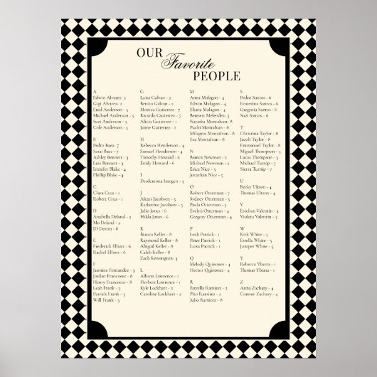 Retro Alphabetical Wedding Seating Chart Poster (Voorkant)