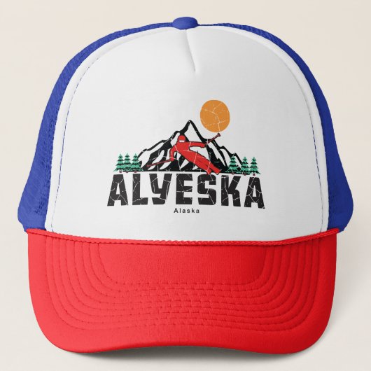 Retro Alyeska Ski Zonsondergang Trucker Pet (Voorkant)