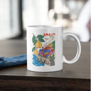 Retro Amalfi Italië Mediterraan Kunst Handgetekend Koffiemok