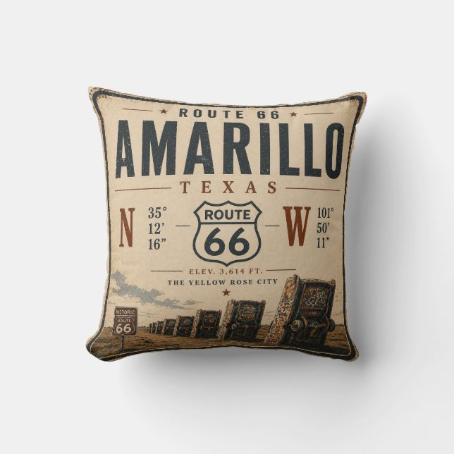 Retro Amarillo Route 66 Coördinaten Kussen (Voorkant)
