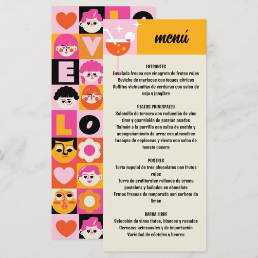 Retro Amarillo y Rosa Estampado Geométrico Boda Menu (Voorkant / Achterkant)