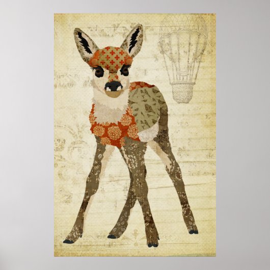 Retro Amber Floral Fawn Art Poster (Voorkant)