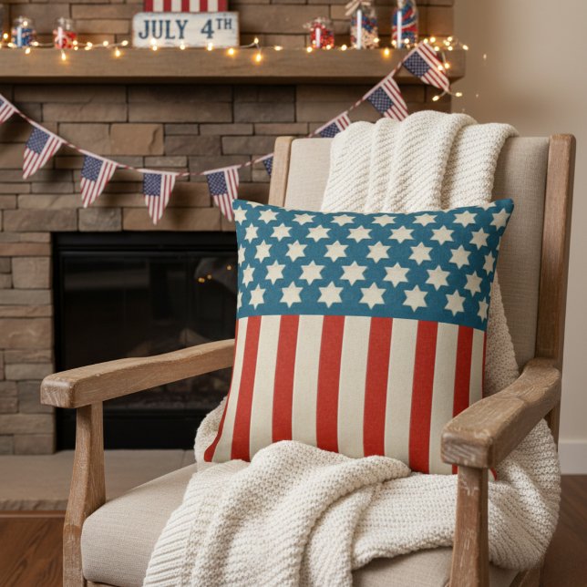  Retro American Flag Stars en Stripes Kussen (Vintage Retro American Flag Stars and Stripes Throw Pillow)