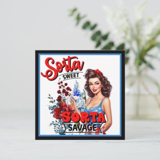 Retro Amerikaanse Pinup_ Sorta Zoete Sorta Savage Feestdagenkaart (Staand voorkant)