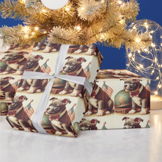 Retro Amerikaanse Pit Bull Terrier schilderij Cadeaupapier (Feestdagen)