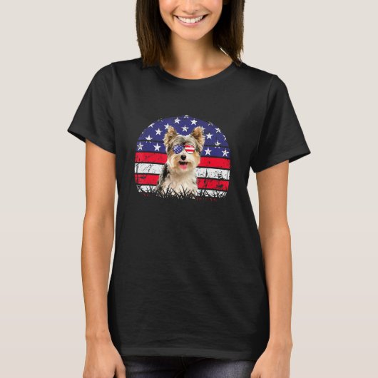 Retro Amerikaanse Vlag Hond Yorkshire Terrier Patr T-shirt (Voorkant)