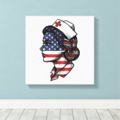 Retro Amerikaanse Vlag Verpleegster Profiel Vector Canvas Afdruk (Insitu (Houten vloer))
