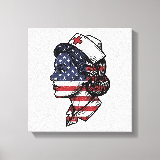 Retro Amerikaanse Vlag Verpleegster Profiel Vector Canvas Afdruk (Voorkant)