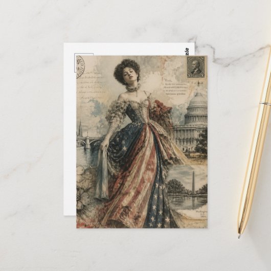 Retro Amerikaanse Vrouw Patriottische Postkaart Ku (Voorkant / Achterkant in situ)