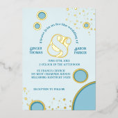 Retro Ampersand Blue Circles Groovy Wedding Gold Folie Uitnodiging (Voorkant)