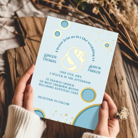 Retro Ampersand Blue Circles Groovy Wedding Gold Folie Uitnodiging