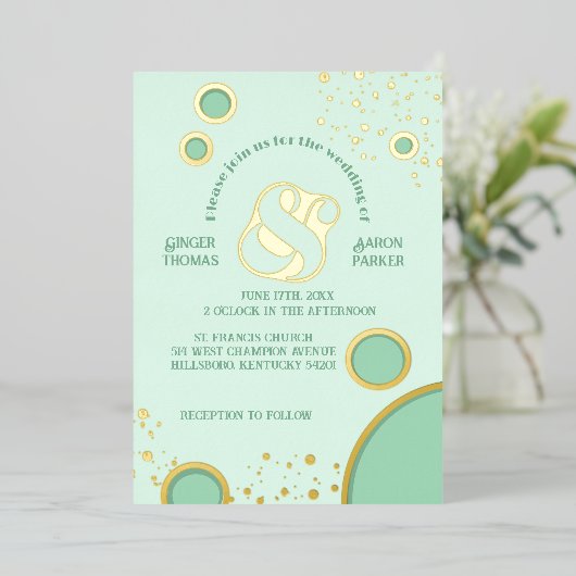 Retro Ampersand Green Circles Trouwgoud Folie Uitnodiging (Staand Voorkant)