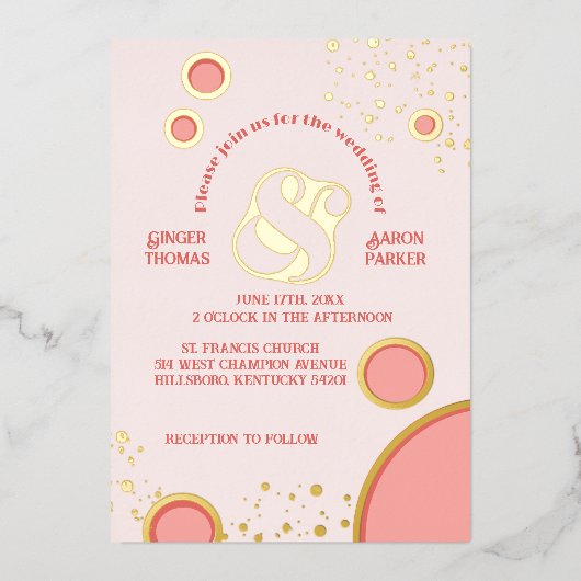 Retro Ampersand Roze Cirkels Trouwfeest Goud Folie Uitnodiging (Voorkant)