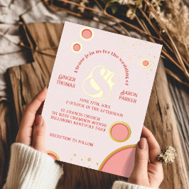 Retro Ampersand Roze Cirkels Trouwfeest Goud Folie Uitnodiging