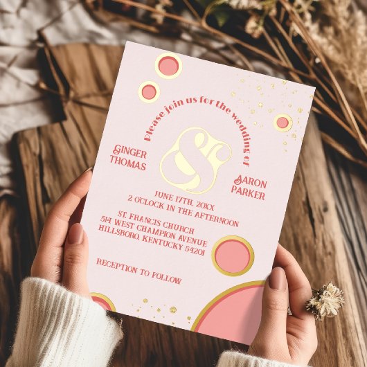 Retro Ampersand Roze Cirkels Trouwfeest Goud Folie Uitnodiging