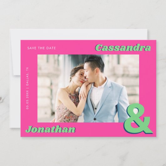 Retro Ampersand Unieke Kleurrijke Groovy Bruiloft Save The Date (Voorkant)