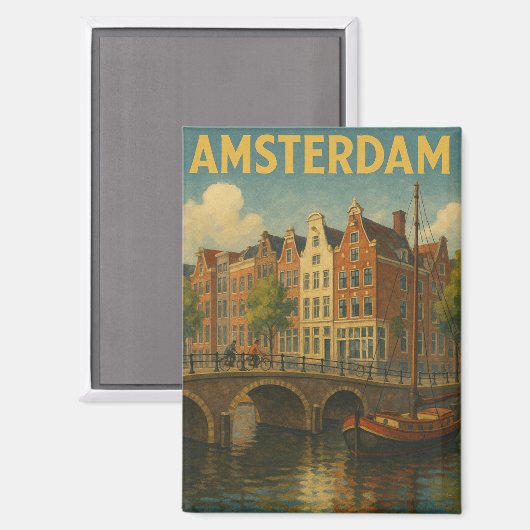 Retro Amsterdam Nederland Grachten Magneet (Voorkant / Achterkant)