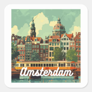 Retro Amsterdam Skyline Vierkante Sticker