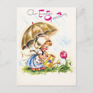 Retro An Easter Greeting Watering Tulip Garden Briefkaart