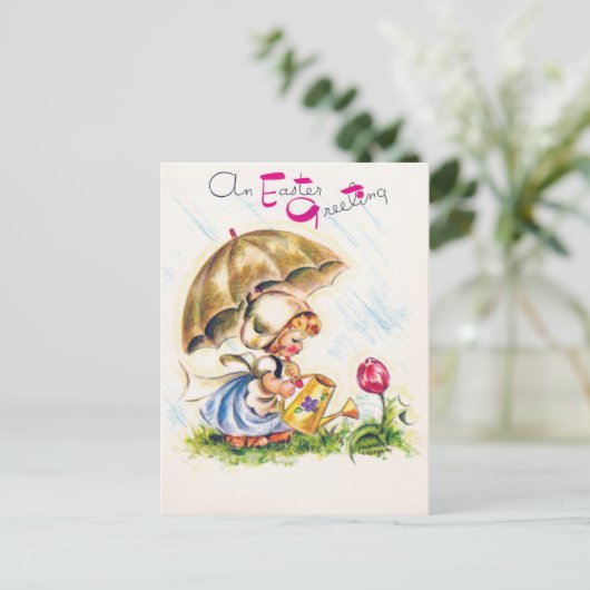 Retro An Easter Greeting Watering Tulip Garden Briefkaart (Staand voorkant)