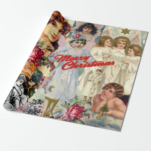 RETRO ANGEL CHRISTMAS COLLAGE Wrapping Paper Cadeaupapier (Uitgerold)