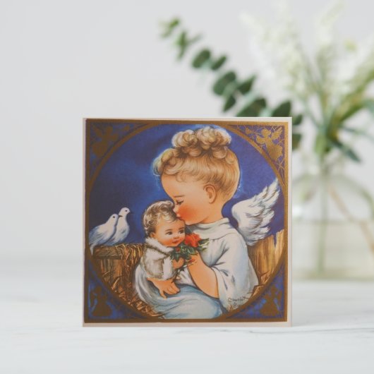  Retro Angel met Baby Jezus Kerstmis Feestdagenkaart (Staand voorkant)