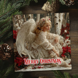 Retro angelic angel red gold festive enchanting  feestdagenkaart