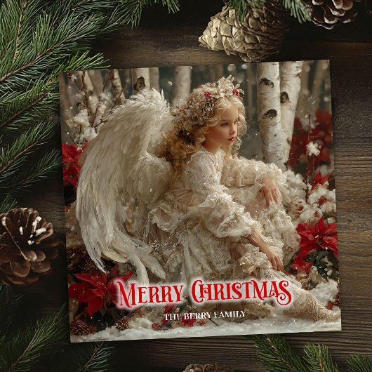 Retro angelic angel red gold festive enchanting  feestdagenkaart