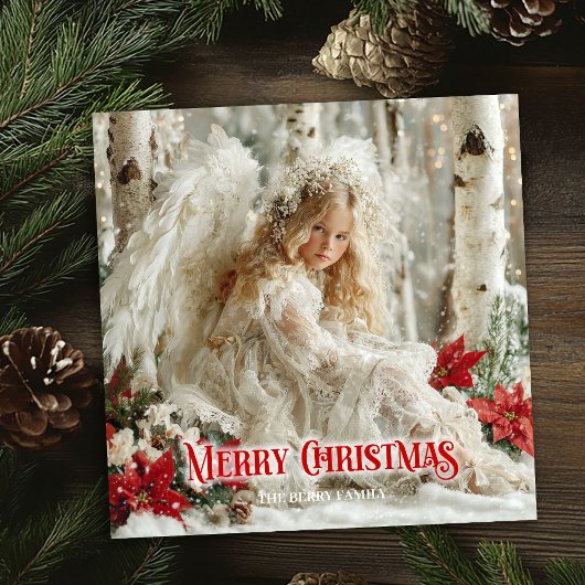 Retro angelic angel red white gold cheerful card feestdagenkaart