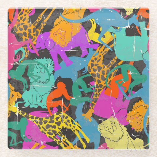 Retro Animal Silhouettes Patroon Glazen Onderzetter (Voorkant)