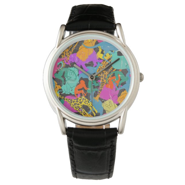 Retro Animal Silhouettes Patroon Horloge (Voorkant)