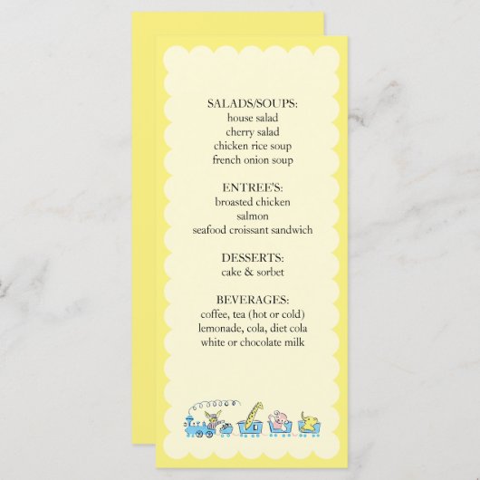 Retro Animal Train  | Baby shower invoegen Menu (Voorkant / Achterkant)