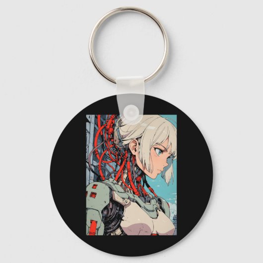 Retro Anime Cybernetische Android Meisje Futuristi Sleutelhanger (Voorkant)