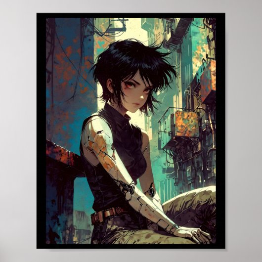 Retro Anime Cyberpunk Girl Dystopian Future Warrio Poster (Voorkant)