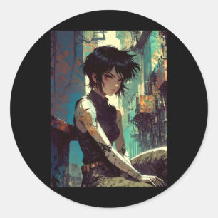 Retro Anime Cyberpunk Meisje Dystopische Toekomst  Ronde Sticker