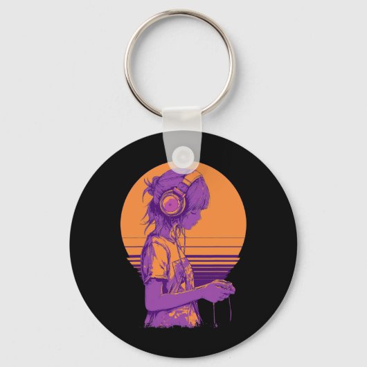 Retro Anime Gamer Meisje Sleutelhanger (Voorkant)