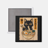 Retro Anime Kawaii Black Cat Eating Ramen Noodles Magneet (Voorkant / Achterkant)