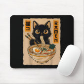 Retro Anime Kawaii Black Cat Eating Ramen Noodles  Muismat (Met muis)