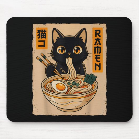 Retro Anime Kawaii Black Cat Eating Ramen Noodles  Muismat (Voorkant)