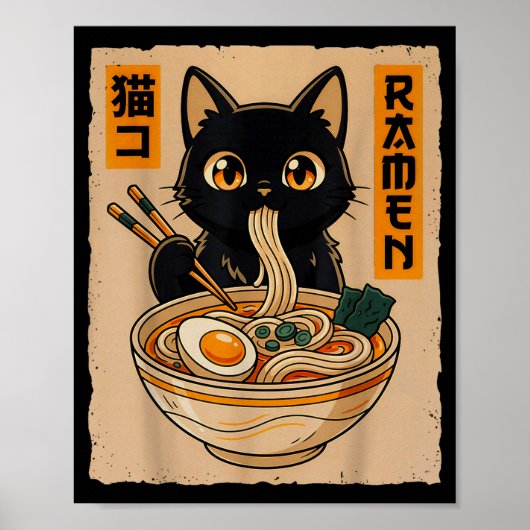 Retro Anime Kawaii Black Cat Eating Ramen Noodles  Poster (Voorkant)
