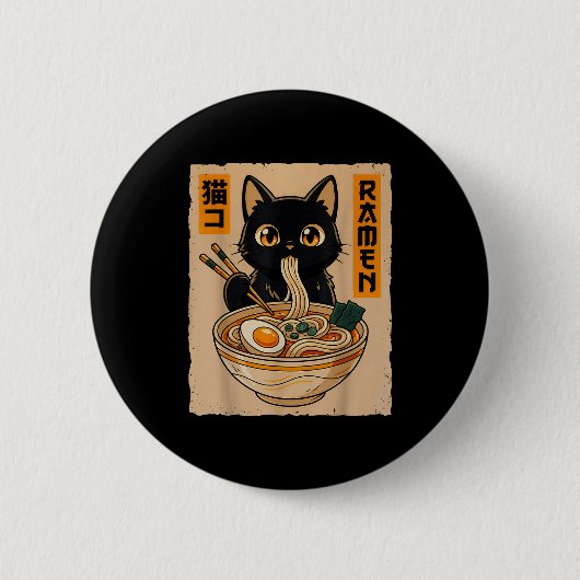 Retro Anime Kawaii Black Cat Eating Ramen Noodles  Ronde Button 5,7 Cm (Voorkant)