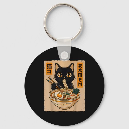 Retro Anime Kawaii Black Cat Eating Ramen Noodles  Sleutelhanger (Voorkant)