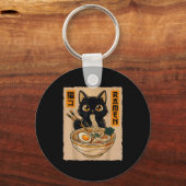 Retro Anime Kawaii Black Cat Eating Ramen Noodles  Sleutelhanger (Voorkant)