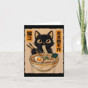 Retro anime kawaii zwarte kat die ramennoedels eet kaart