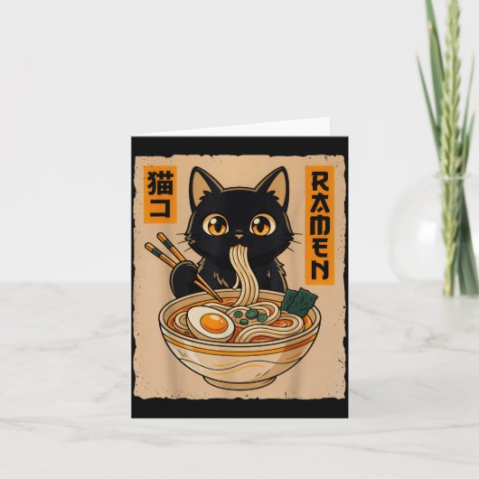 Retro Anime Kawaii Zwarte Kat Eet Ramen Noedels  Kaart (Voorkant)