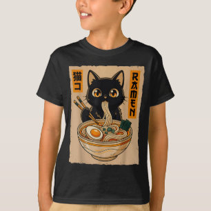 Retro Anime Kawaii Zwarte Kat Eet Ramen Noedels T-shirt