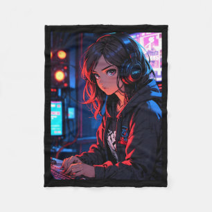 Retro Anime Meisje Gamer Cyberpunk Streaming Opste Fleece Deken