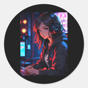 Retro Anime Meisje Gamer Cyberpunk Streaming Opste Ronde Sticker